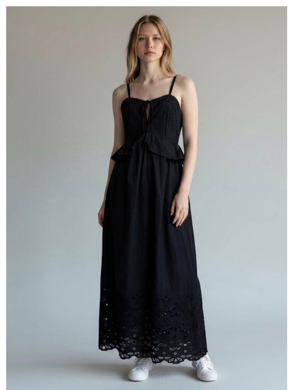 NWT Caroline Constas Black Eyelet Hem Maxi Dress Small Cotton Peplum